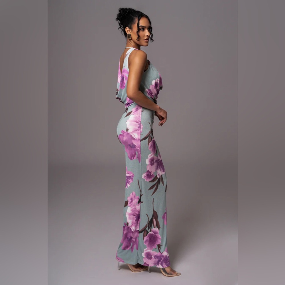 JLUXLABEL Sage Floral Slinky Highlights Cowl Neck Maxi Dress - Picture 2 of 8